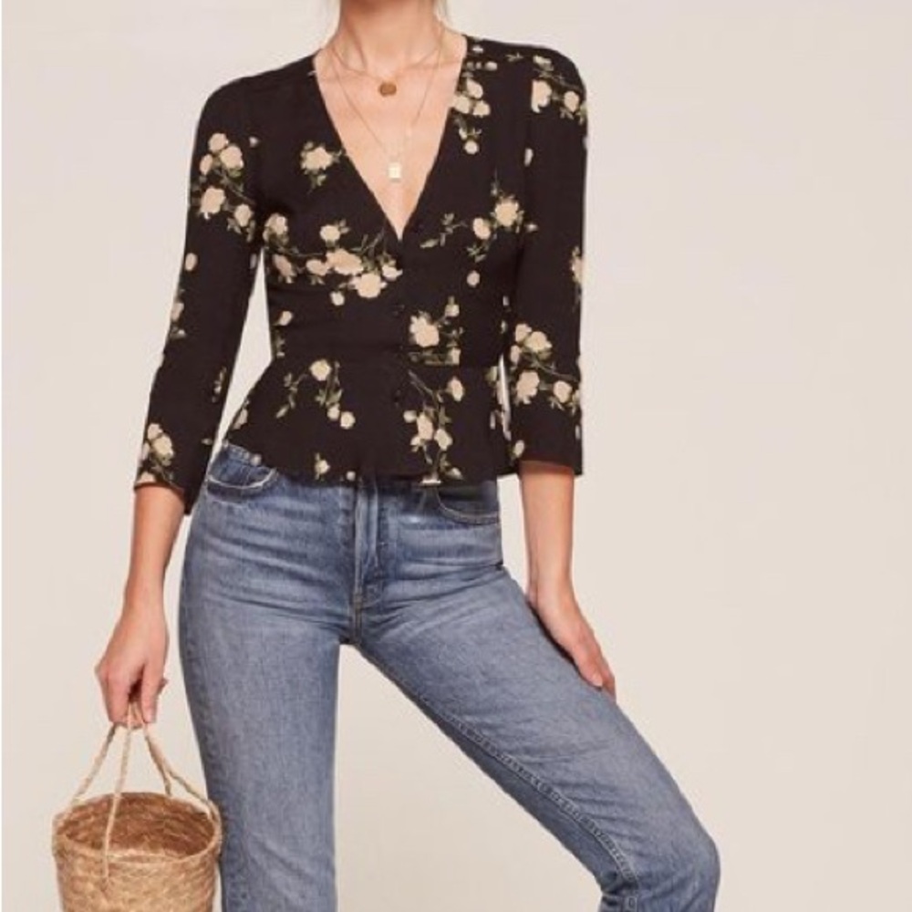 Reformation Petites Sweetie Top - Contessa Black and Floral Peplum Blouse